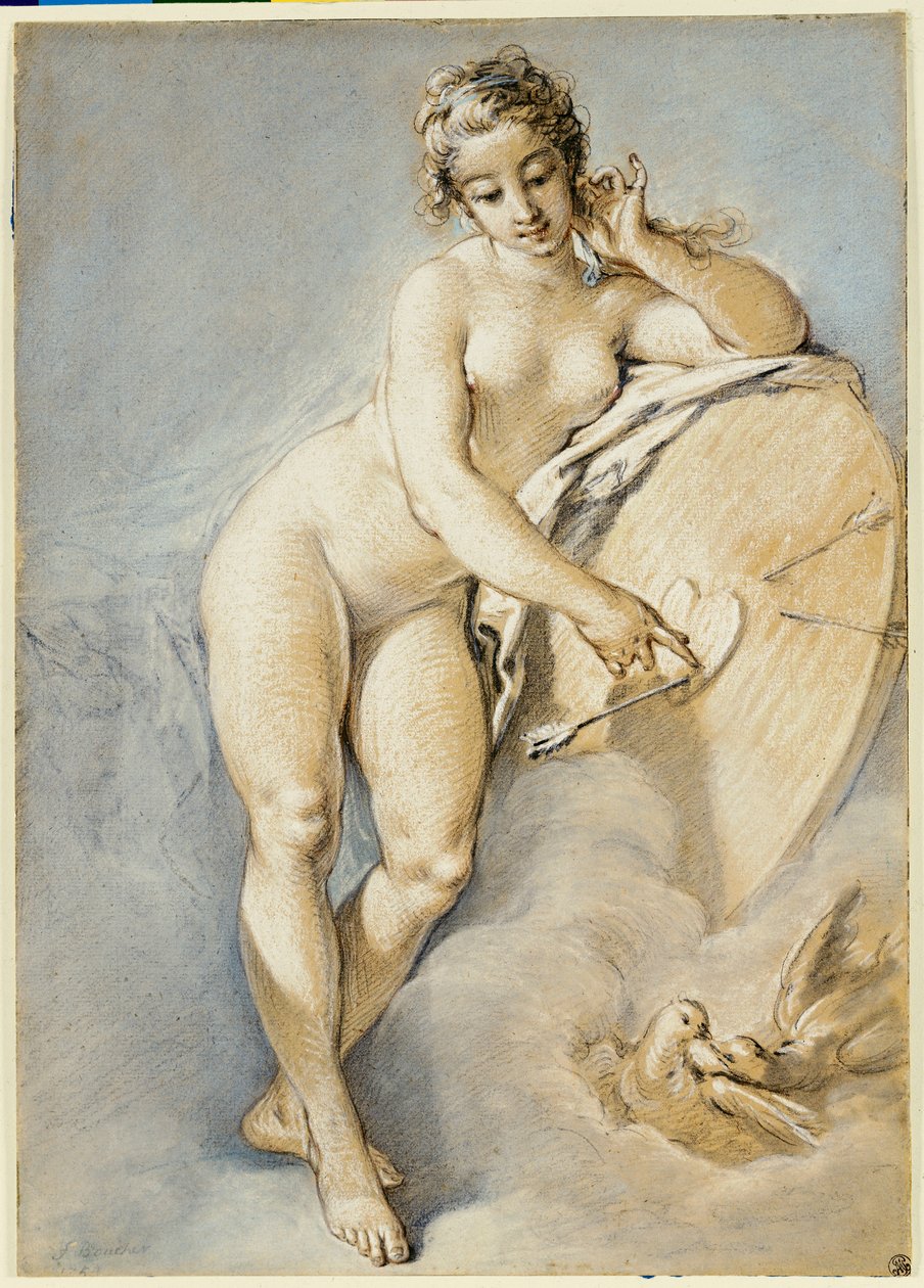 Venüs ayakta, iki güvercinli bir hedefteki kalbe işaret ediyor, 1754 by François Boucher