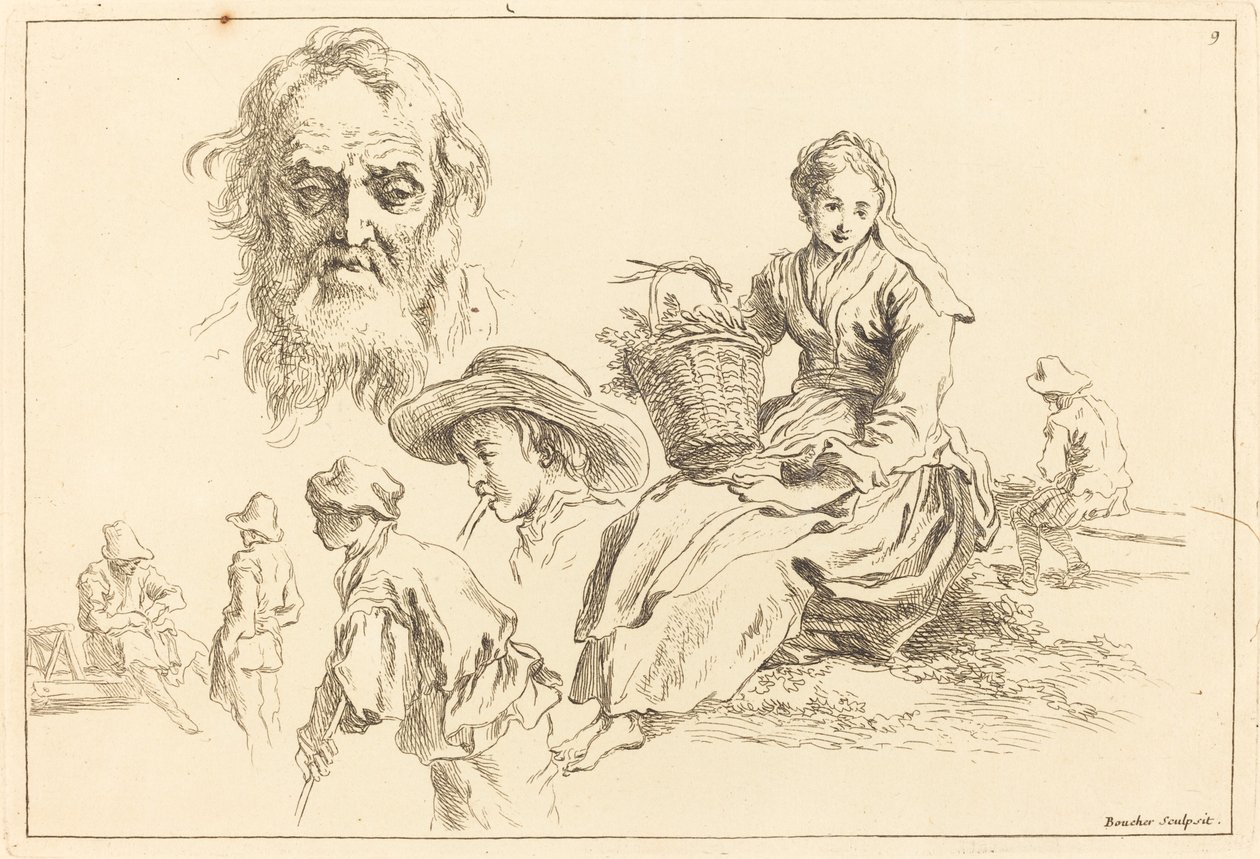 Yaşlı Bir Adamın Sakallı Yüzünü İçeren Figür Çalışmaları by François Boucher after Abraham Bloemaert