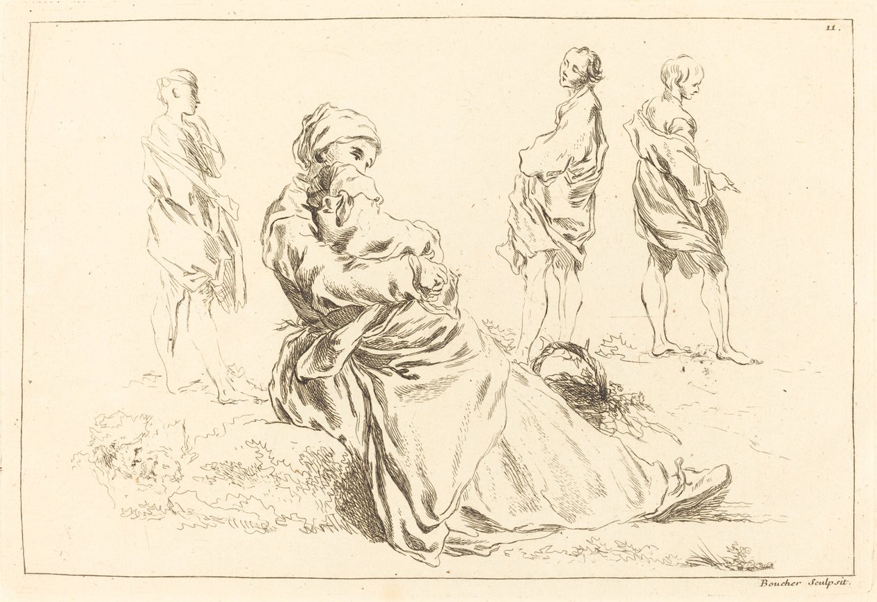 Oturan Anne ve Çocuğu İçeren Figür Çalışmaları by François Boucher after Abraham Bloemaert