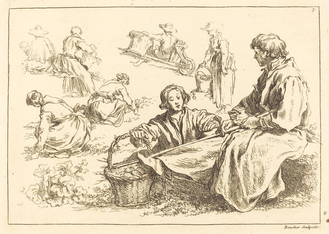 İki Oturan Köylü İçeren Figür Çalışmaları by François Boucher after Abraham Bloemaert