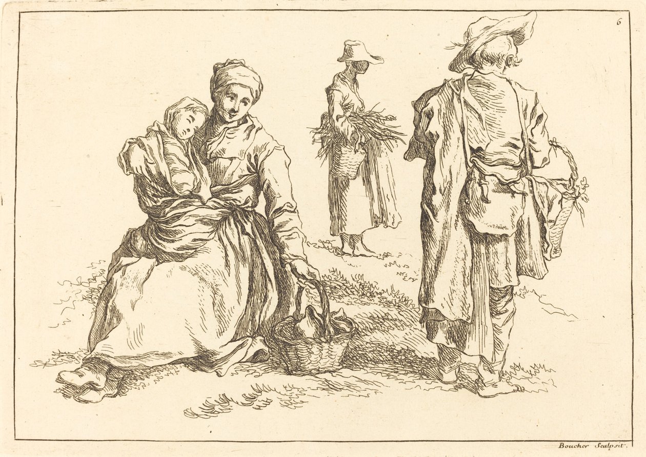 Oturan Anne ve Çocuk, Ayakta İki Köylü by François Boucher after Abraham Bloemaert