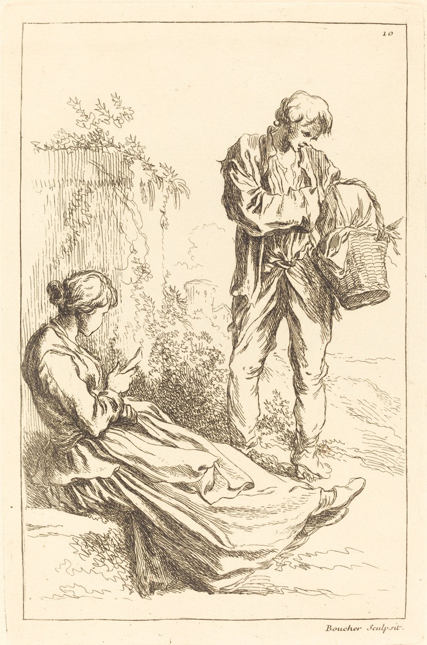 Bir Sepet Tutan Köylü Çocuk Oturan Kadın by François Boucher after Abraham Bloemaert
