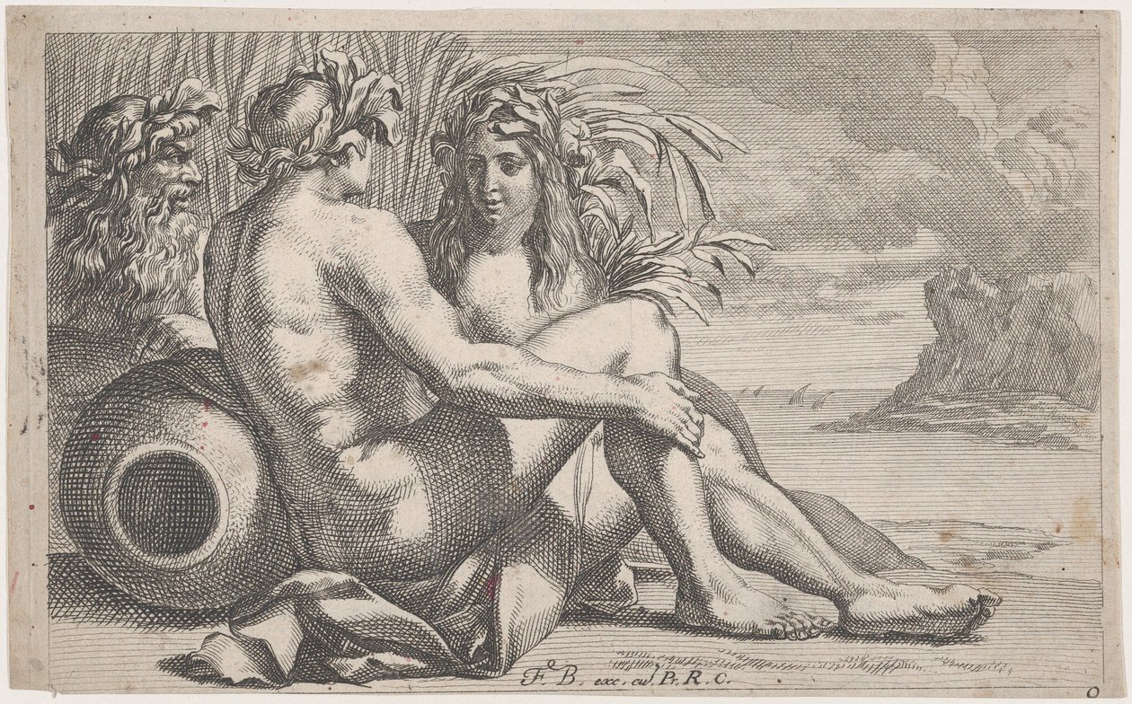 Bir deniz manzarasının önünde uzanmış nehir tanrıları, 1651-82. by François Bourlier