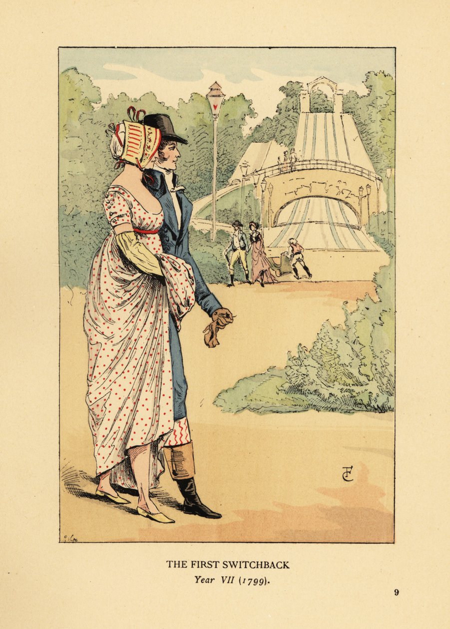 Rus Dağları hız treninde şık bir çift, Les Montagnes Russes a Belleville, 1812'de inşa edildi. (İlk dönüş, Yıl VII by François Courboin
