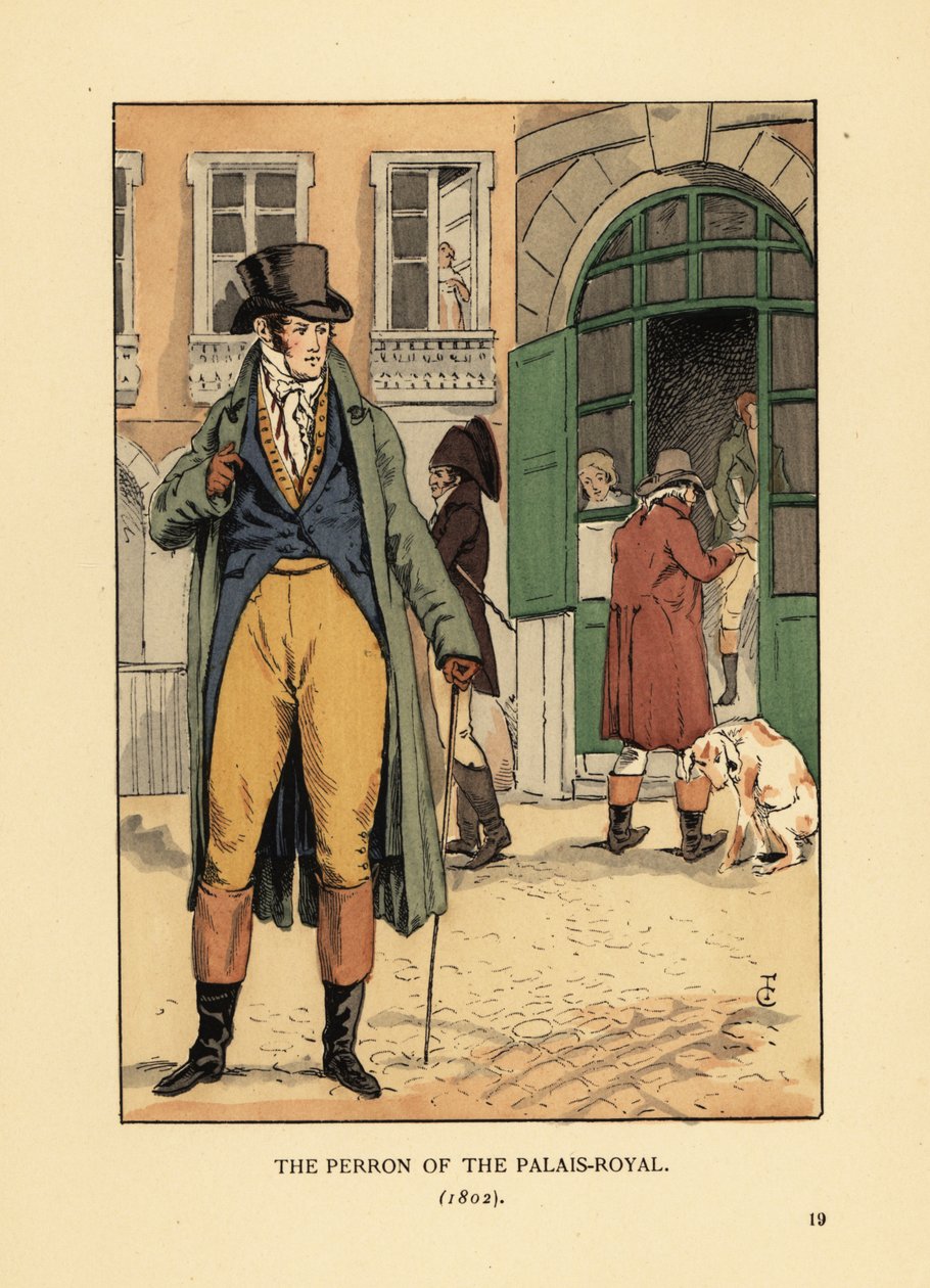 Passage du Perron, Palais Royal girişinin önünde şık bir beyefendi. Şapka, kravat, kaban, yelek pantolon ve çizme giyiyor. Palais Royal, Paris Perron by François Courboin