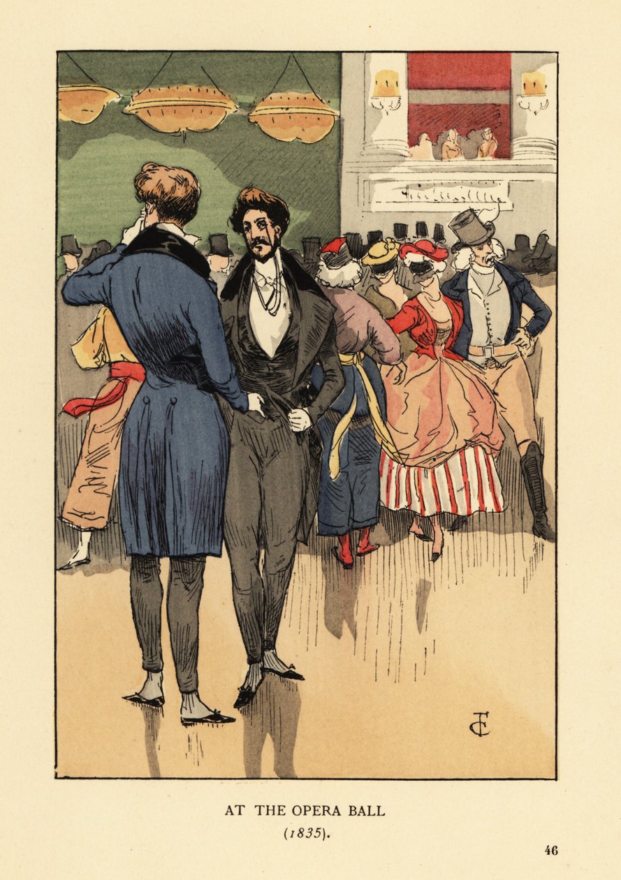 Kuyruk, yelek, dar pantolon ve beyaz çoraplı paltolu züppeler. Arkalarında süslü elbiseli ve maskeli insanlar. Opera Ball 1835