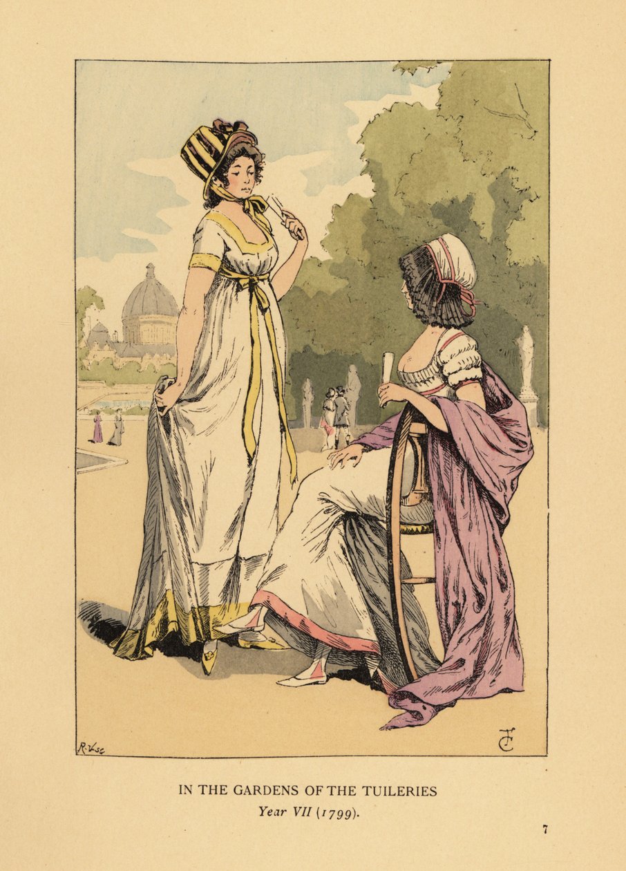 Tuileries bahçelerinde iki şık kadın, Jardins des Tuileries, Paris, Yıl VII by François Courboin