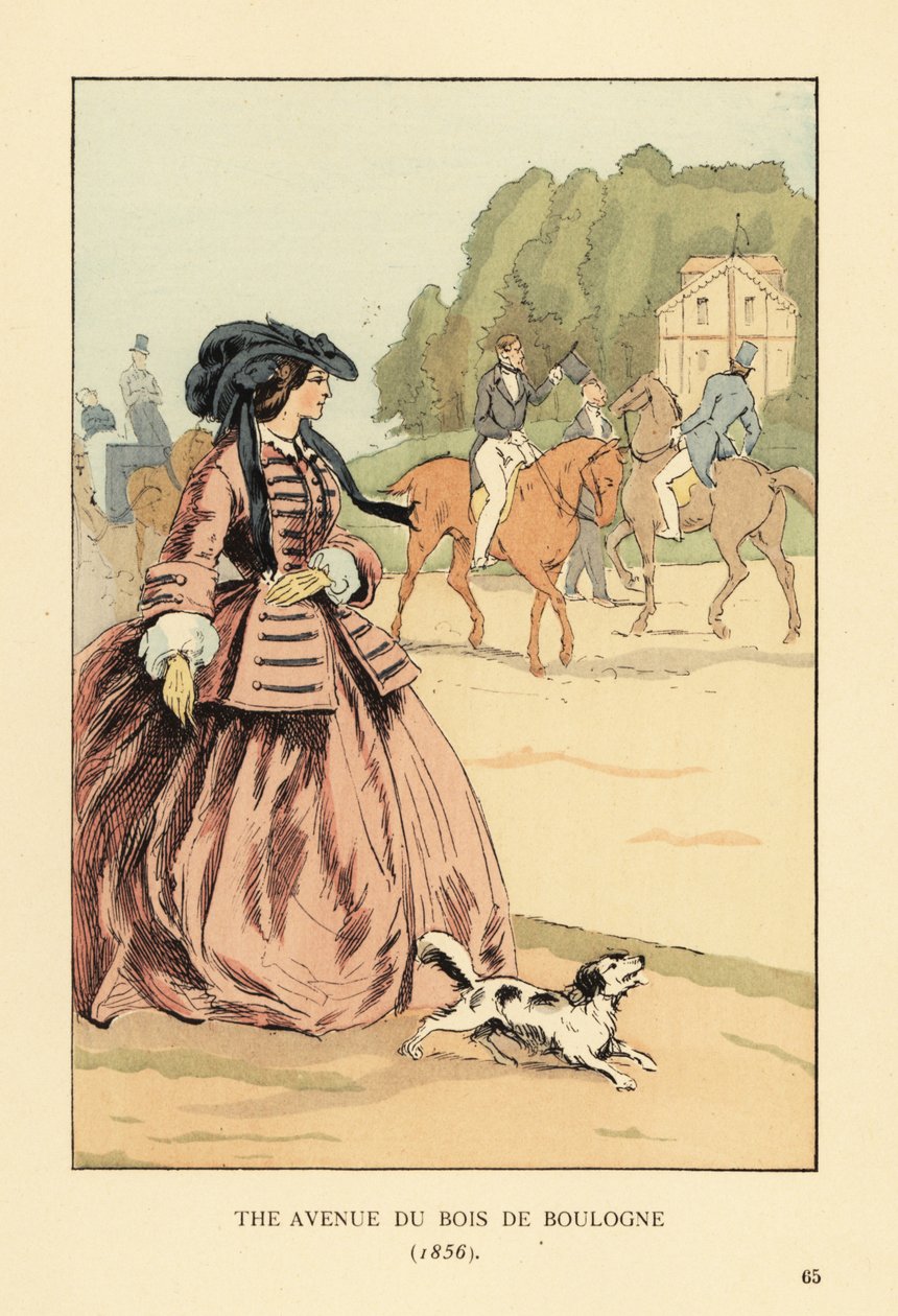 Şapkalı, ceketli ve geniş kabarık etekli, köpekli, binicilik yolunda at binicilerini ve arabaları izleyen bir kadın. Avenue du Bois de Boulogne, Paris by François Courboin