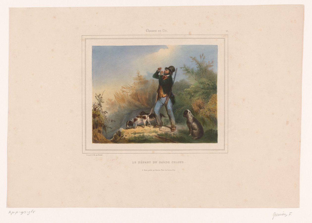 Üç av köpeği ile oyun müdürü Le départ du garde chasse (nesne üzerindeki başlık) Silahlı Avcılar (dizi adı) Chasses au Tir (nesne üzerinde seri başlığı) by François Grenier