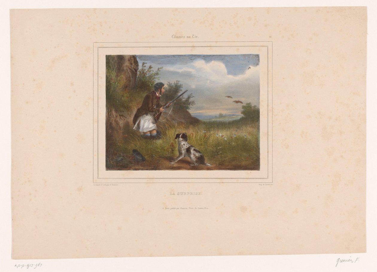 Avcı işini yaparken ürküyor La sürpriz (nesne üzerine başlık) Silahlı avcılar (dizi başlığı) Chasses au Tir (nesne üzerine dizi başlığı) by François Grenier