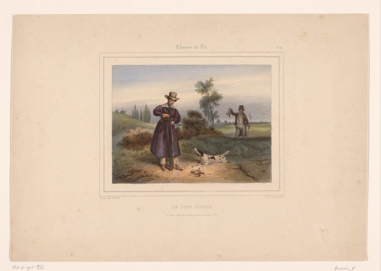 Avcı iki kekliği vurduktan sonra tüfeğini dolduruyor Le coup double (nesnedeki başlık) Silahlı Avcılar (dizi adı) Chasses au Tir (nesne üzerinde seri başlığı) by François Grenier