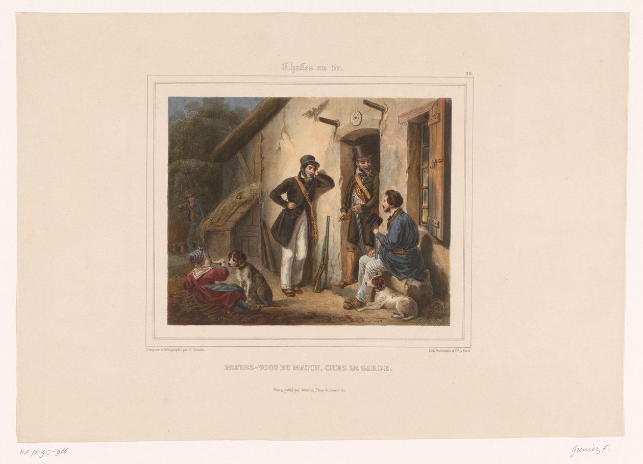 Avcılar sabah bekçiyle buluşuyor Rendezvous du matin, chez le garde (nesne üzerindeki başlık) Silahlı Avcılar (dizi adı) Chasses au Tir (nesne üzerinde seri başlığı) by François Grenier