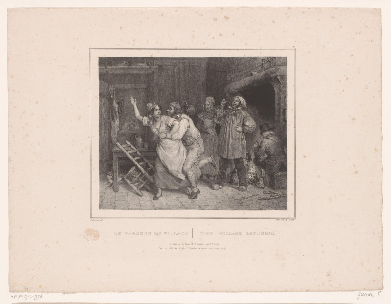 Erkek, handa kadını kucaklamaya çalışır Le farceur de village / Köy lotherio (nesne üzerindeki başlık) Çeşitli karakterlerin on iki temsili (dizi adı) Album de douze sujets (...) (dizi adı) by François Grenier