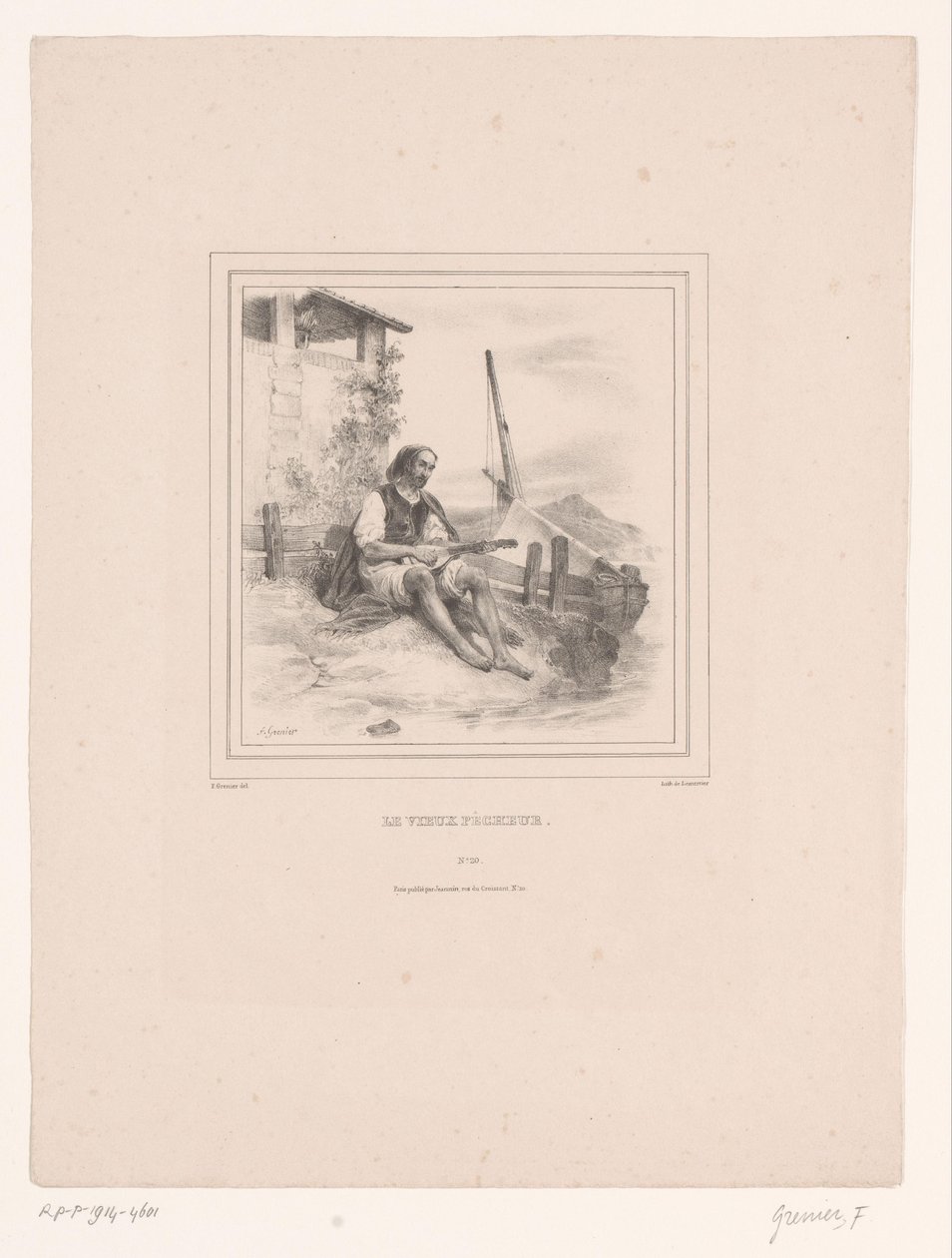 Su üzerinde ud ile yaşlı balıkçı Le vieux pêcheur (nesne üzerindeki başlık) by François Grenier