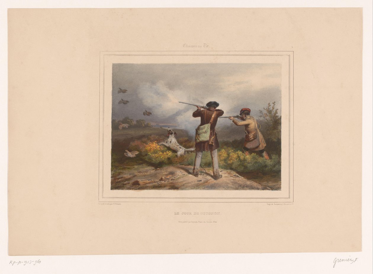 İki avcı keklik vuruyor Le jour de guignon (nesne üzerindeki başlık) Silahlı Avcılar (dizi adı) Chasses au Tir (nesne üzerinde seri başlığı) by François Grenier