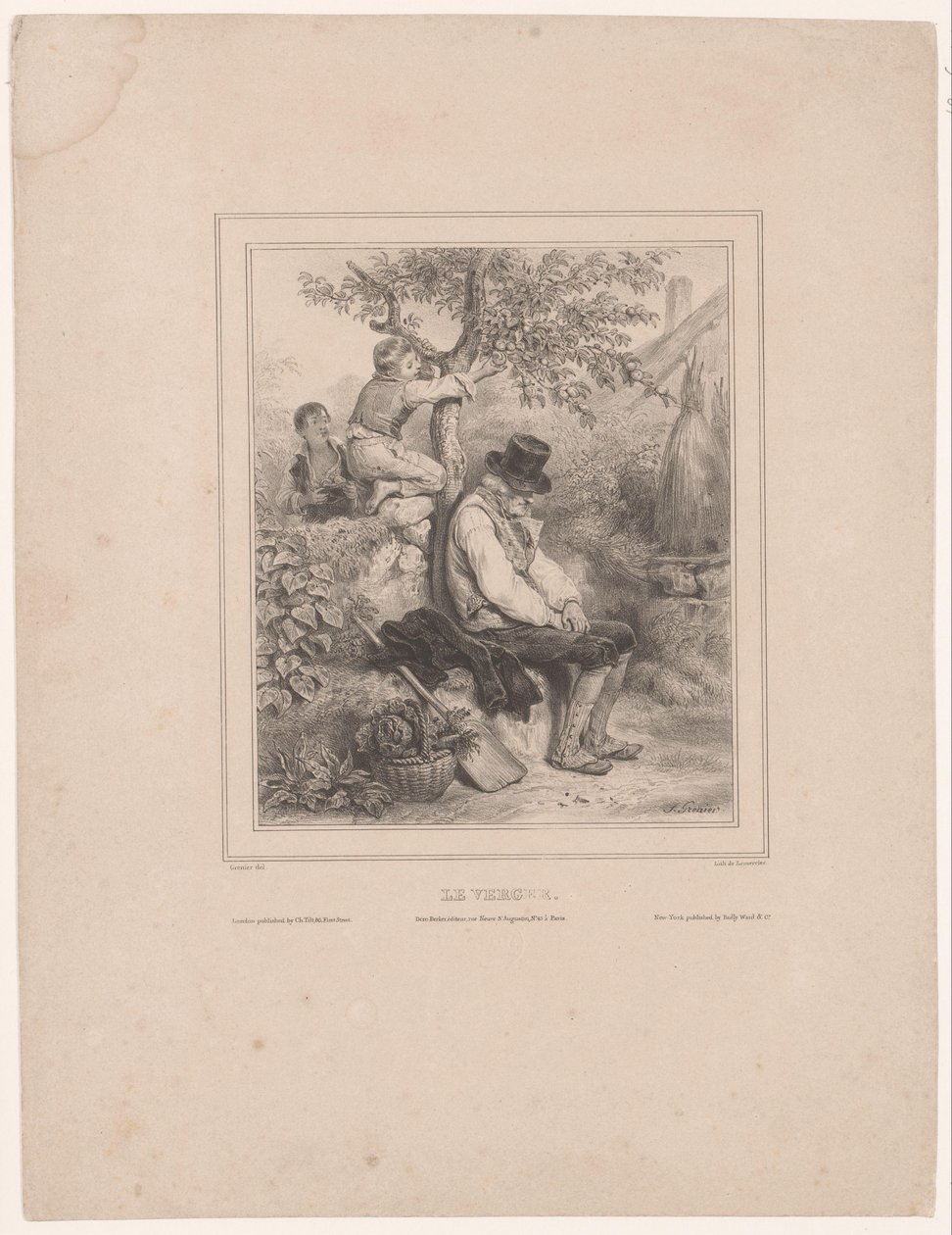 Uyuyan bir çiftçiden elma toplayan iki çocuk Le verger (nesne üzerindeki başlık) by François Grenier