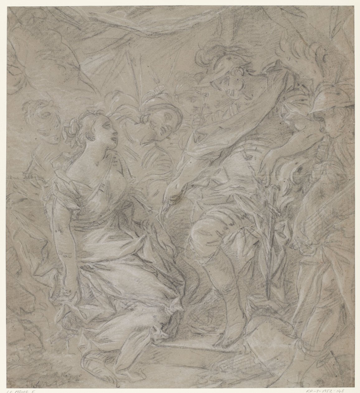 Çadırında bir generalin önünde diz çökmüş genç bir kadın (Scipio?) by François Le Moine (manner of)