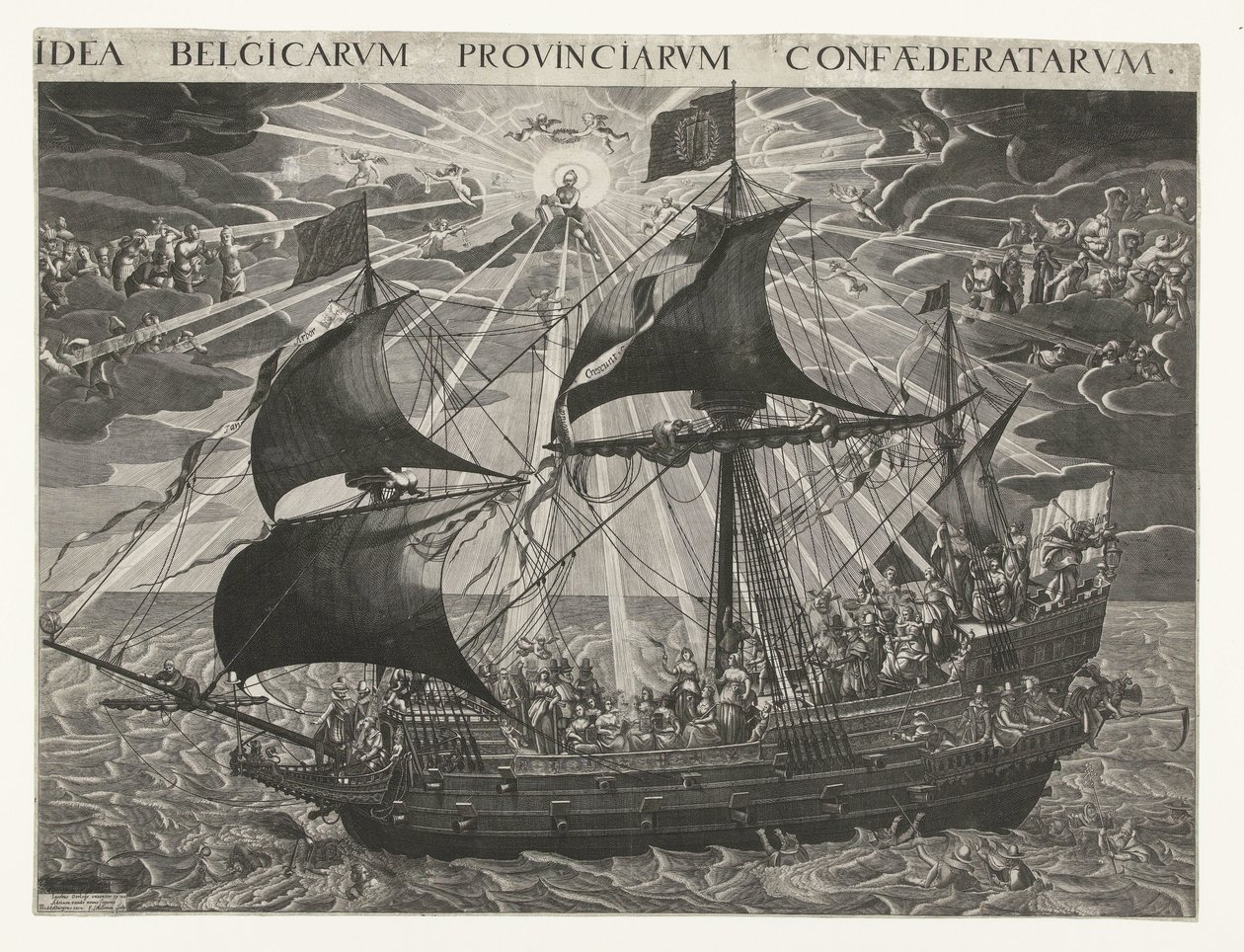 Devlet Gemisi, 1620 Dordrecht sinodundan sonra ülkenin mutlu halinin alegorisi Idea Belgicarum Provinciarum Confaederatarum (nesne üzerindeki başlık) by François Schillemans