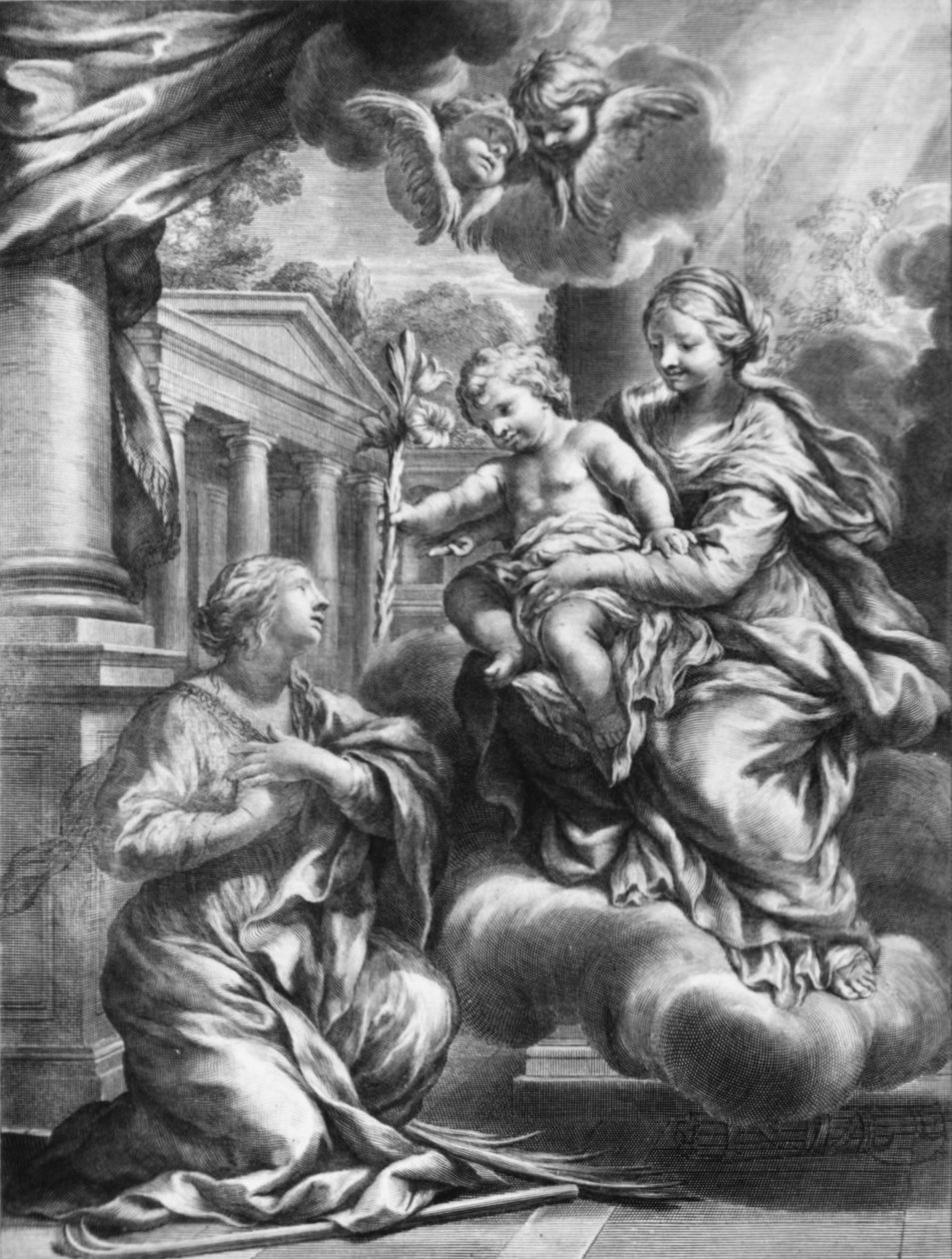 Aziz Martina, Çocuk ona bir zambak sunarken, Bakire ve Çocuğun önünde diz çöküyor,..., yakl. 1664-79. by François Spierre