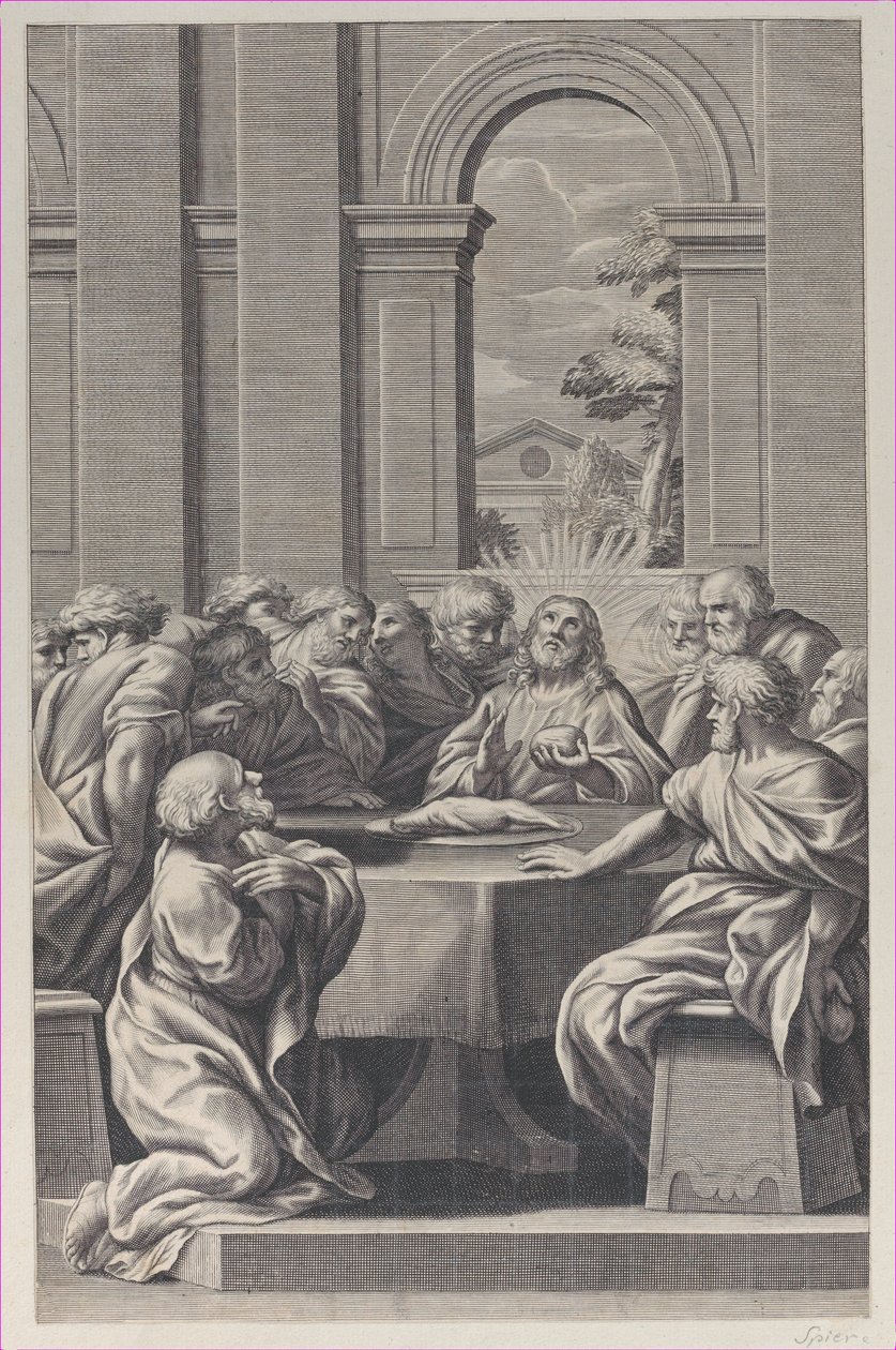 Son Akşam Yemeği, İsa ve havarilerinin oturduğu klasik bir binanın içi..., 1660-81. by François Spierre
