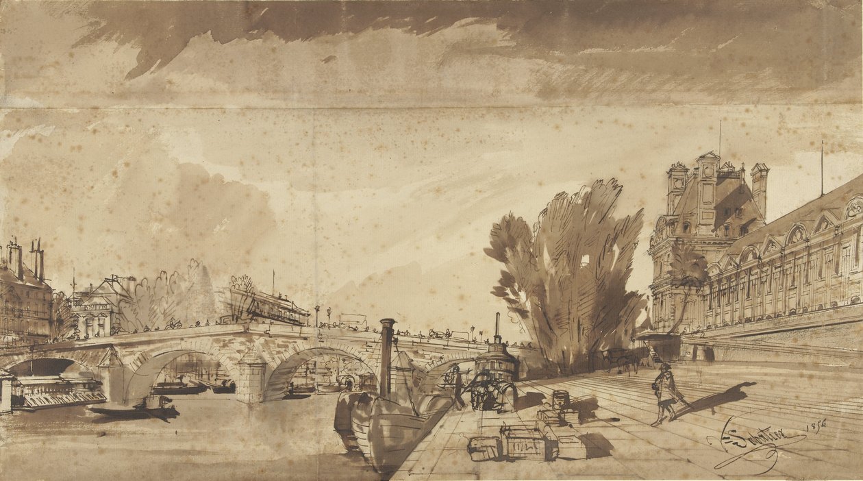 Seine ve Pont Royal; sağda Pavillon de Flore ve Louvre'un bir kanadı by François Victor Sabatier