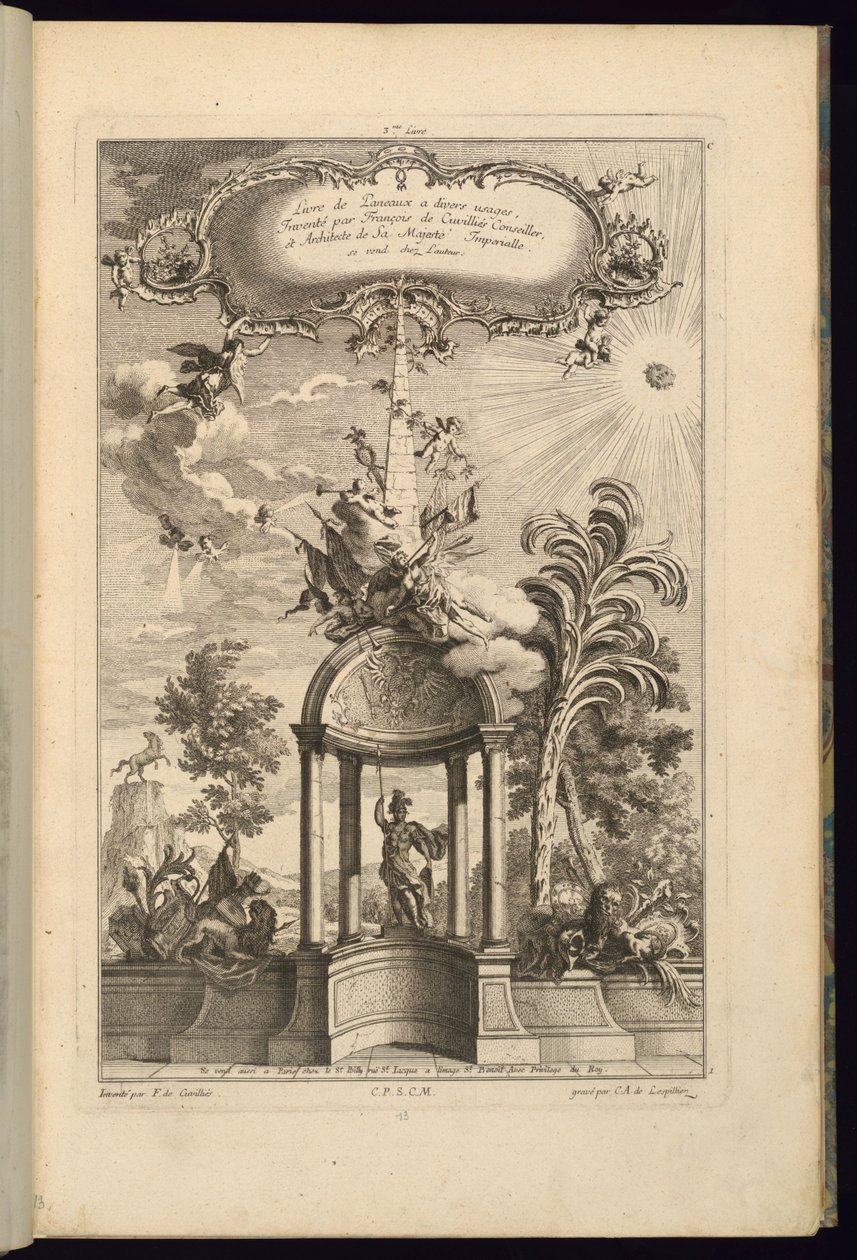 Bir Dikilitaş ve Zaferle Taçlandırılmış Minervalı Tempiettolu Paneller için Tasarım by François de Cuvilliés the Elder