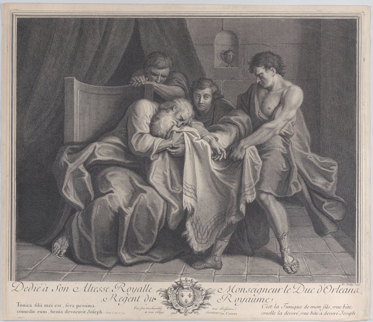 Jacob, diğer oğulları onu ondan çekerken, oğlunun cübbesine ağlarken, 1724. by François de Poilly