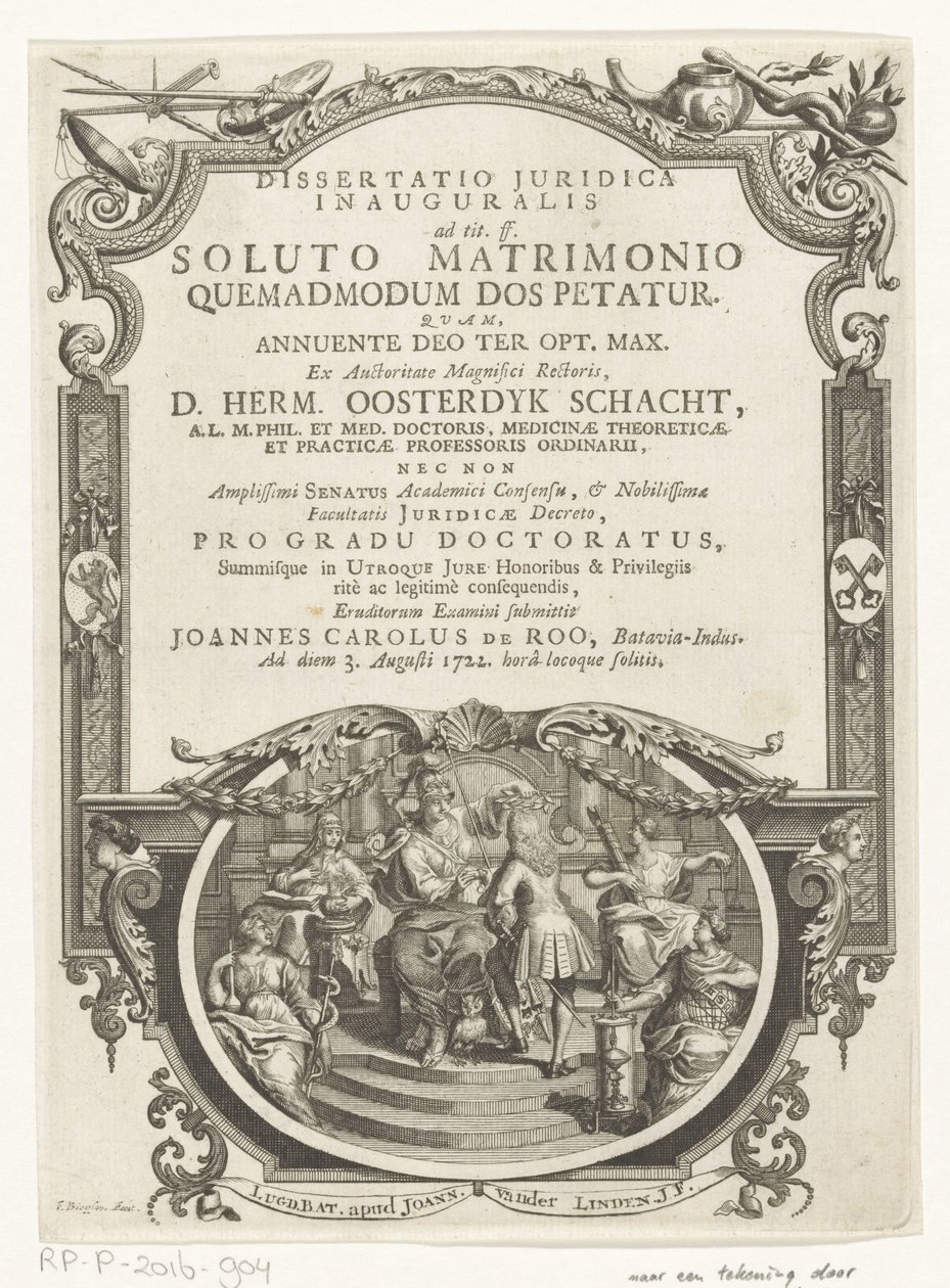 Minerva lauwert schrijver Başlık sayfası: Johannes Charles de Roo, Dissertatio juridica inauguralis, reklam başlığı. ff. evlilik sona erdikten sonra, çeyiz istendiği için, 1722 by François van Bleyswijck