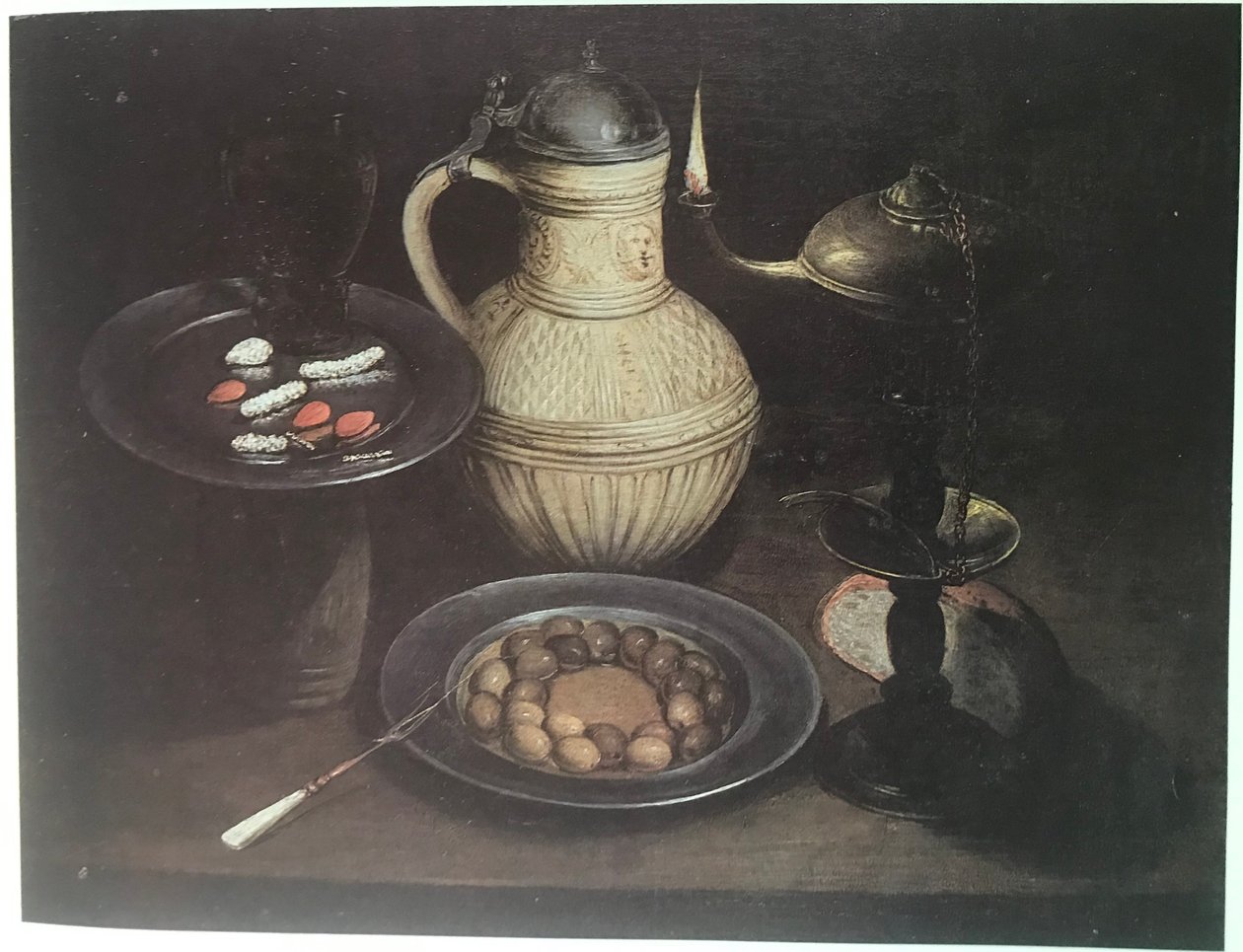 Sakallı Adam Güveç, Lamba, Zeytin ve Şekerleme ile Natürmort by Frans Badens