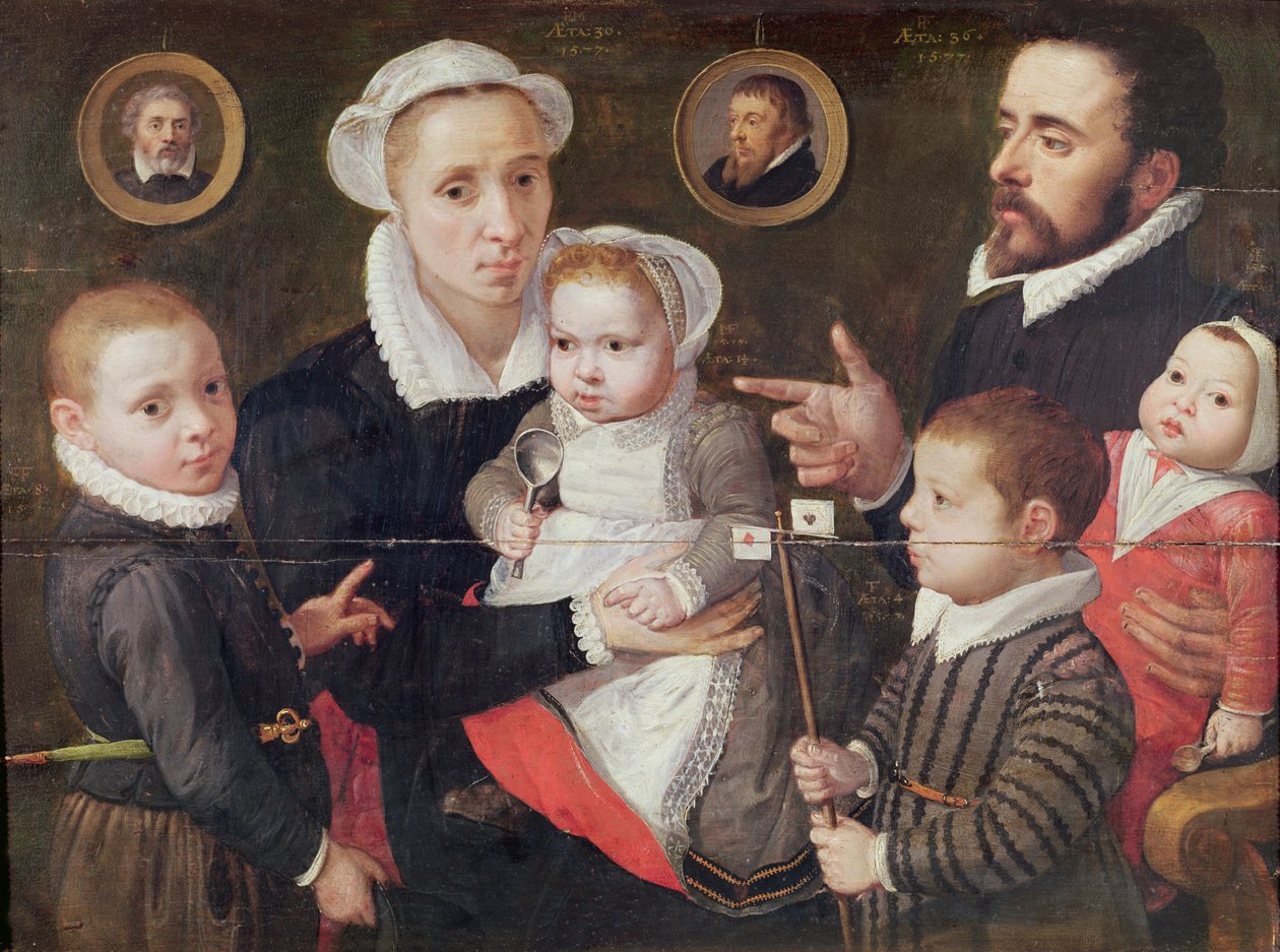Bir ailenin portresi: çocukları ve ataları olan ebeveynler, 1577 by Frans Menton d
