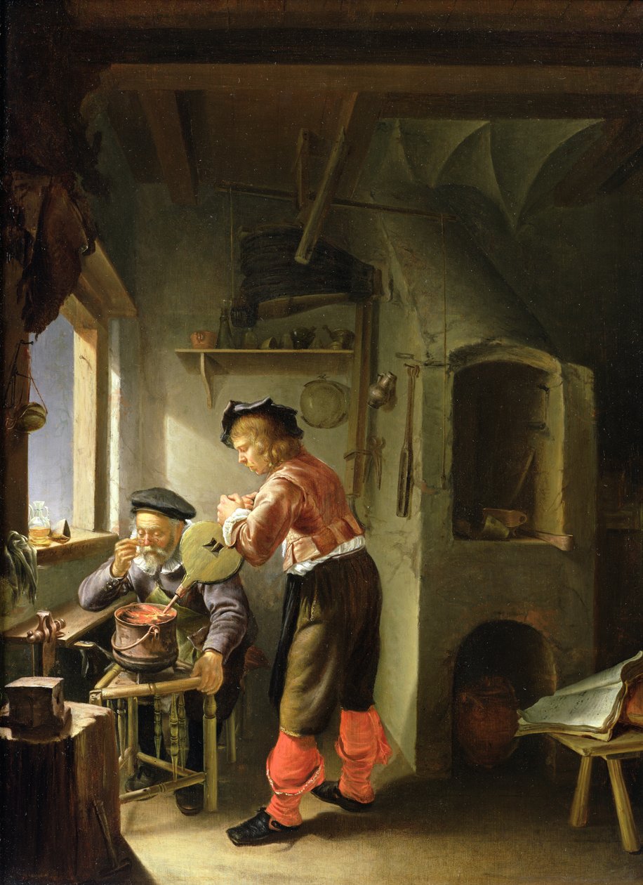 Bir Simyacı ve Asistanı Atölyelerinde by Frans van Mieris