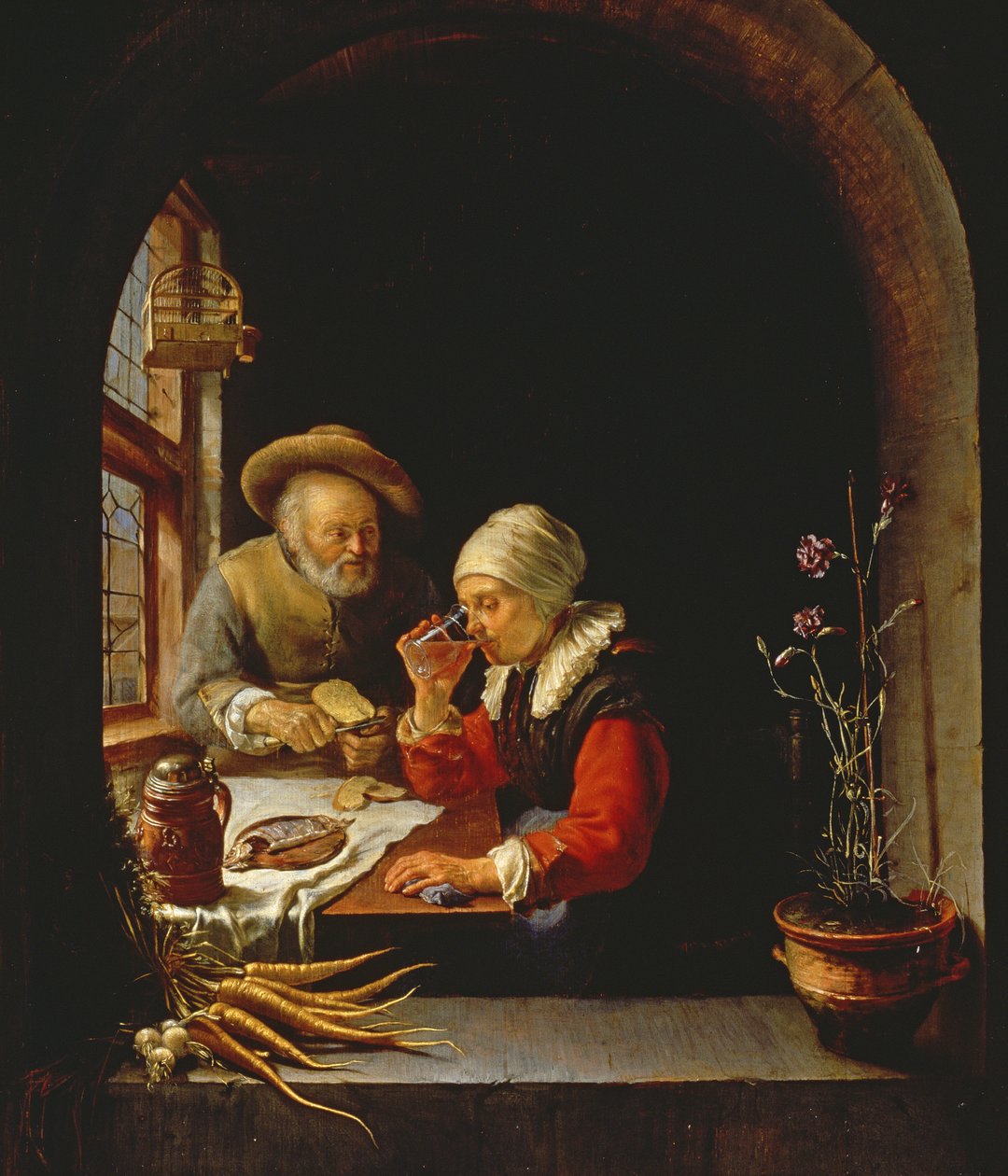 Yeme İçen Yaşlı Bir Çift (panel) by Frans van Mieris