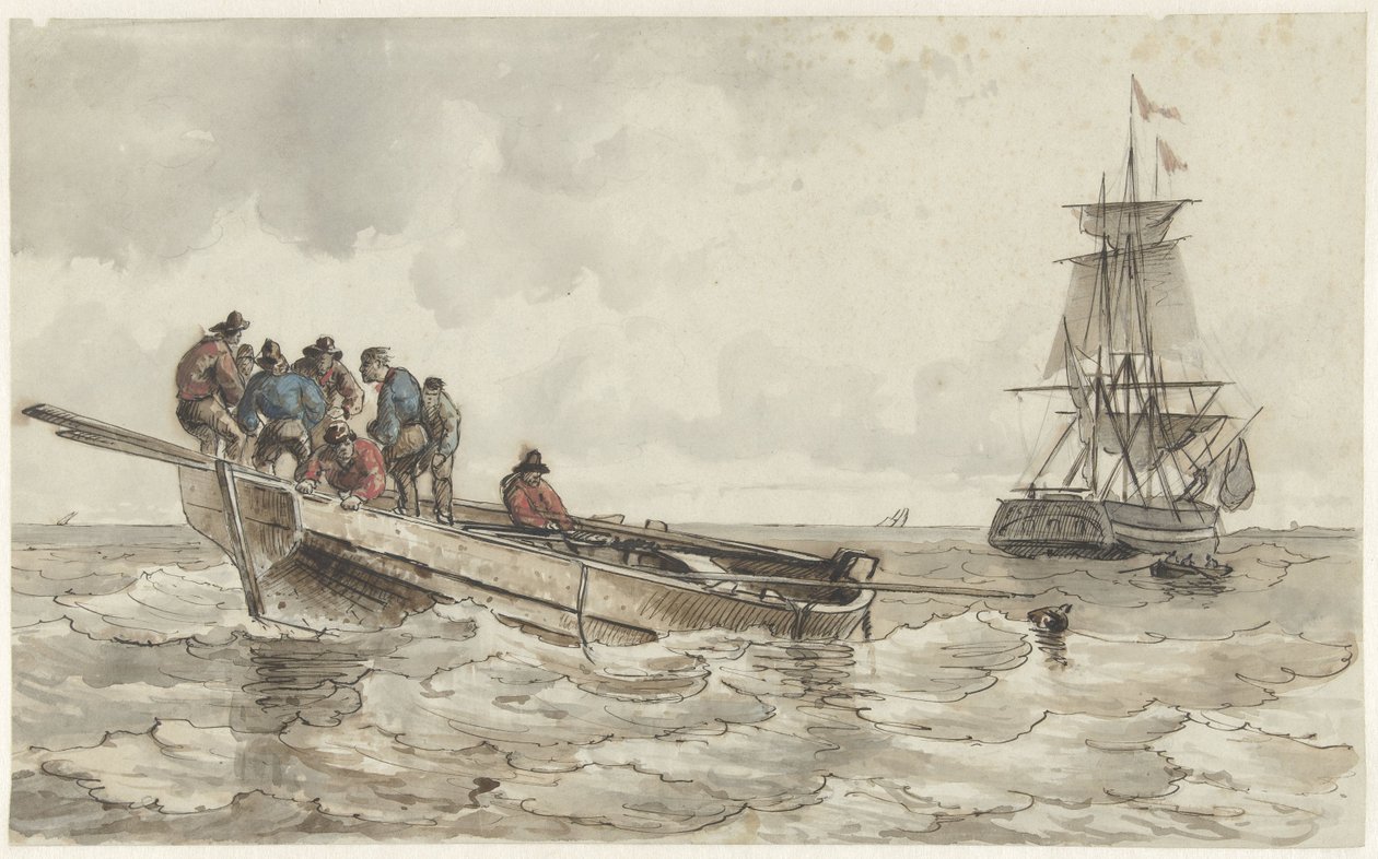 Bir yelkenli geminin yanında bir kayıkta sekiz adam by Frans Arnold Breuhaus de Groot