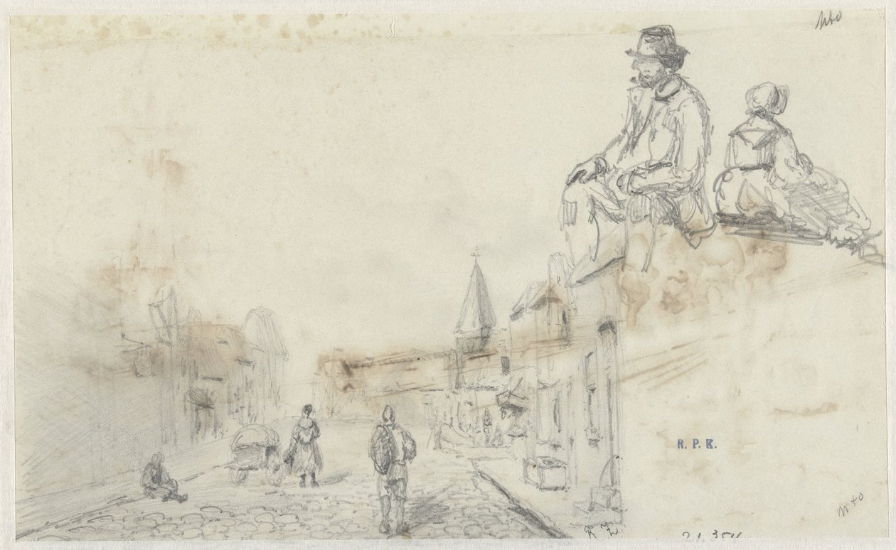 Bir sokak ve iki oturan kişinin çizimleri by Frans Arnold Breuhaus de Groot