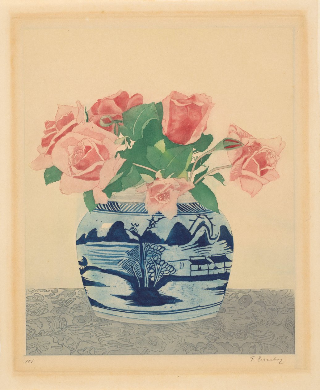 Çin süslemeli zencefil kavanozunda pembe güller by Frans Everbag (signed by artist)