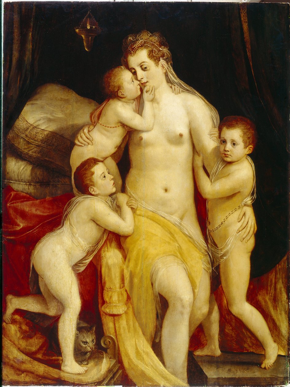 Hayırseverlik Alegorisi. Şefkatli ifadelerle üç çocuk, üzgün suratlı annelerine onu teselli etmek için şefkatle yaklaşır. Frans Floris the Groin (1519-1570), ahşap üzerine yağlı boya tablosu. hollanda sanatı by Frans Floris