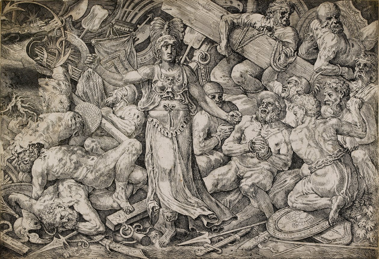 Mahkumlar ve Kupalarla çevrili Victoria, 1552. by Frans Floris