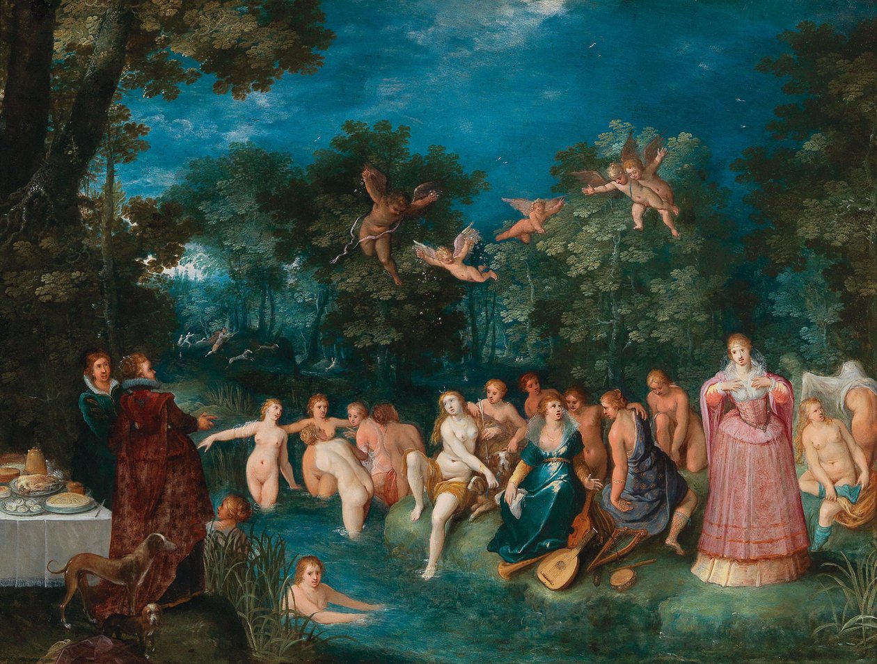 Diana ve perileri banyo yaparken, arka planda geyik avı, yaklaşık 1606. by Frans Francken the Younger