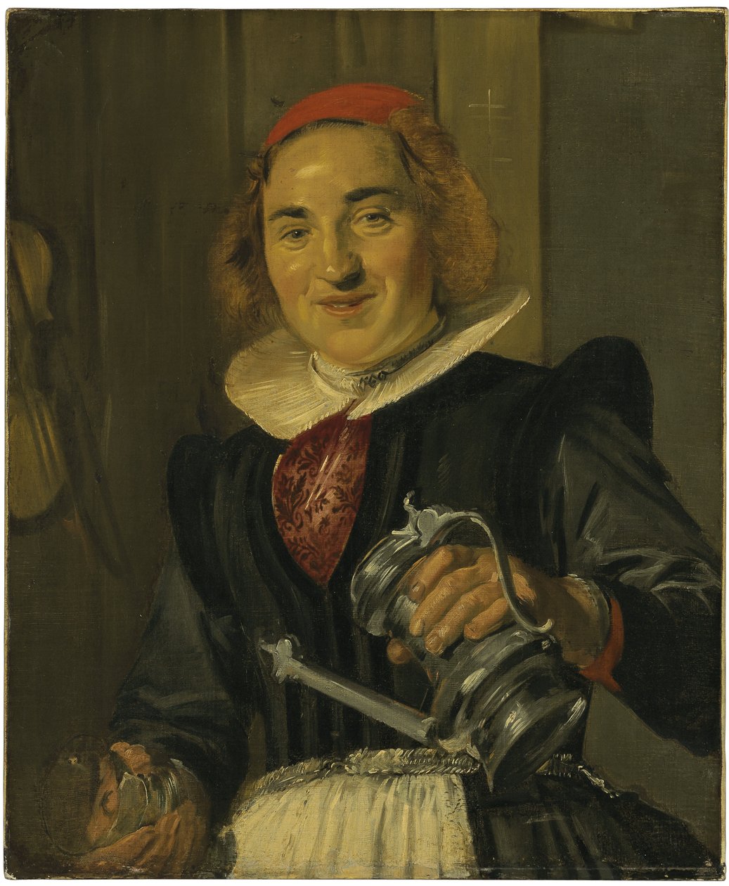 Bir bardak ve bir maşrapa tutan genç kadın by Frans Hals