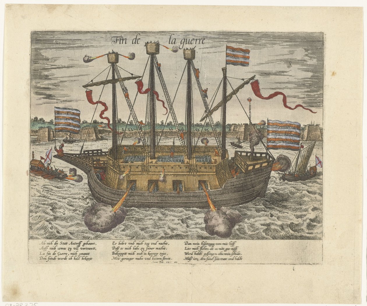 Fin de la guerre gemisi, 1585 Fin de la guerre (nesne üzerindeki başlık) Seri 9: Hollanda ve Almanya Olayları, 1583-1587 (dizi başlığı) by Frans Hogenberg