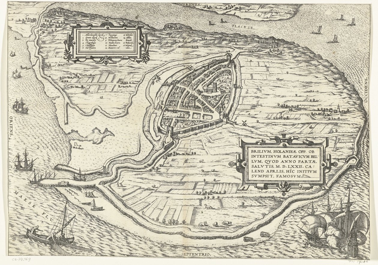 Kaart van het eiland Voorne en plattegrond van Brielle, 1572 Brilium, Hollandiae opp. 1572 yılında kazanılan Hollanda iç savaşı nedeniyle. Nisan ayı (nesne üzerindeki başlık) by Frans Hogenberg