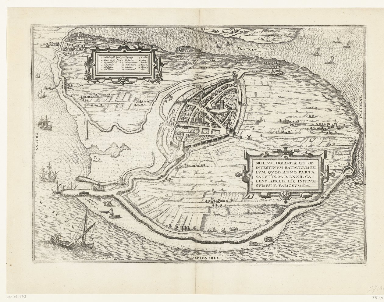 Kaart van het eiland Voorne en plattegrond van Brielle, 1572 Brilium, Hollandiae op. Kurtuluş yılında M.D.72