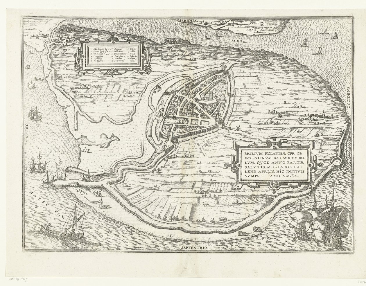 Kaart van het eiland Voorne en plattegrond van Brielle, 1572 Brilium, Hollandiae op. Kurtuluş yılında M.D.72