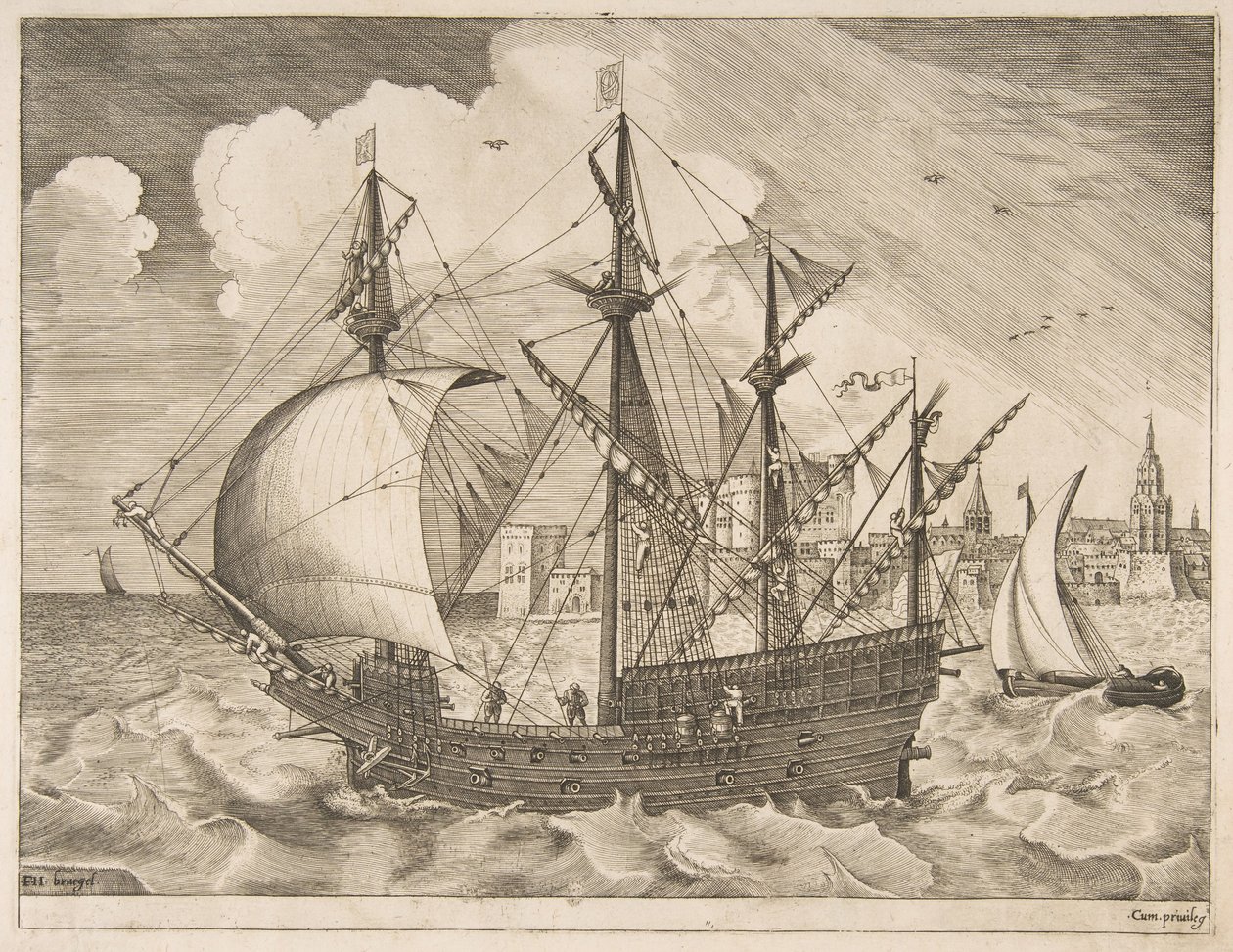 Yelkenli Gemilerden Denize Açılan Silahlı Dört Usta, ca. 1555-56. by Frans Huys