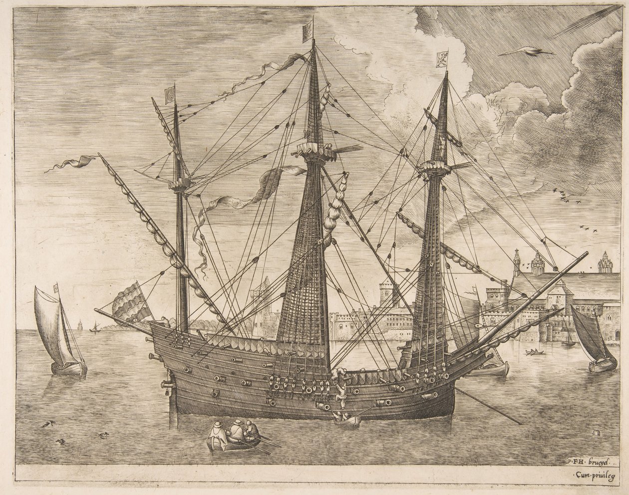 Yelkenli Gemilerden Bir Şehrin Yakınına Demirlemiş Silahlı Üç Usta, yaklaşık. 1555-56. by Frans Huys
