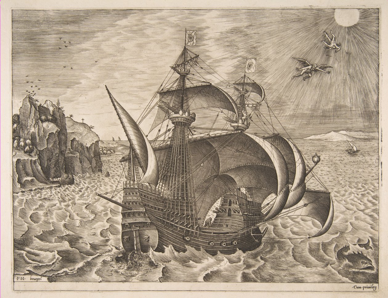 Yelkenli Gemilerden Gökyüzünde Daedalus ve Icarus ile Silahlı Üç Usta, 1561-65. by Frans Huys