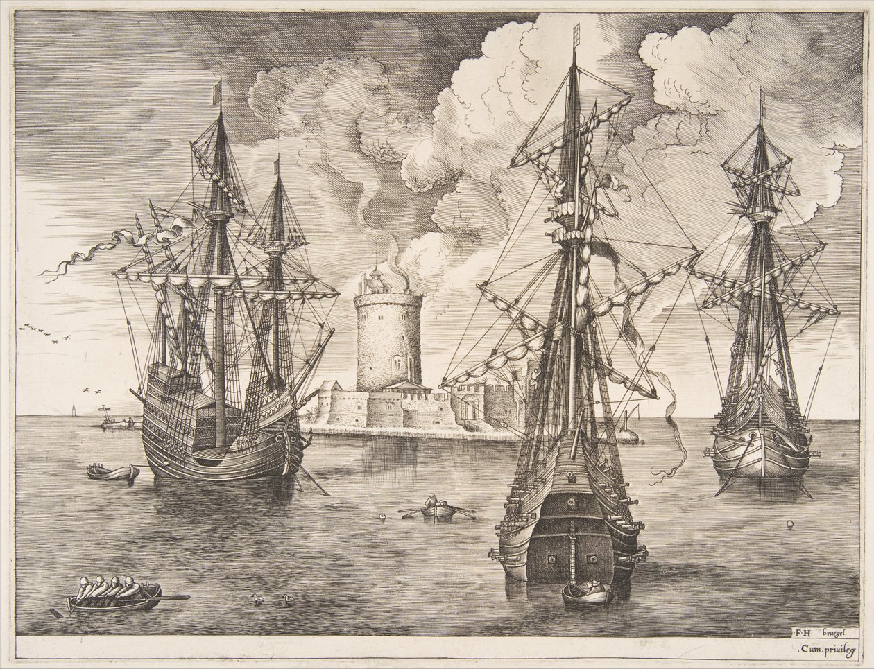 Dört Usta ve İki Üç Usta Yelkenli Gemiden Müstahkem Bir Adanın Yakınına Demirlemiş..., 1561-65. by Frans Huys