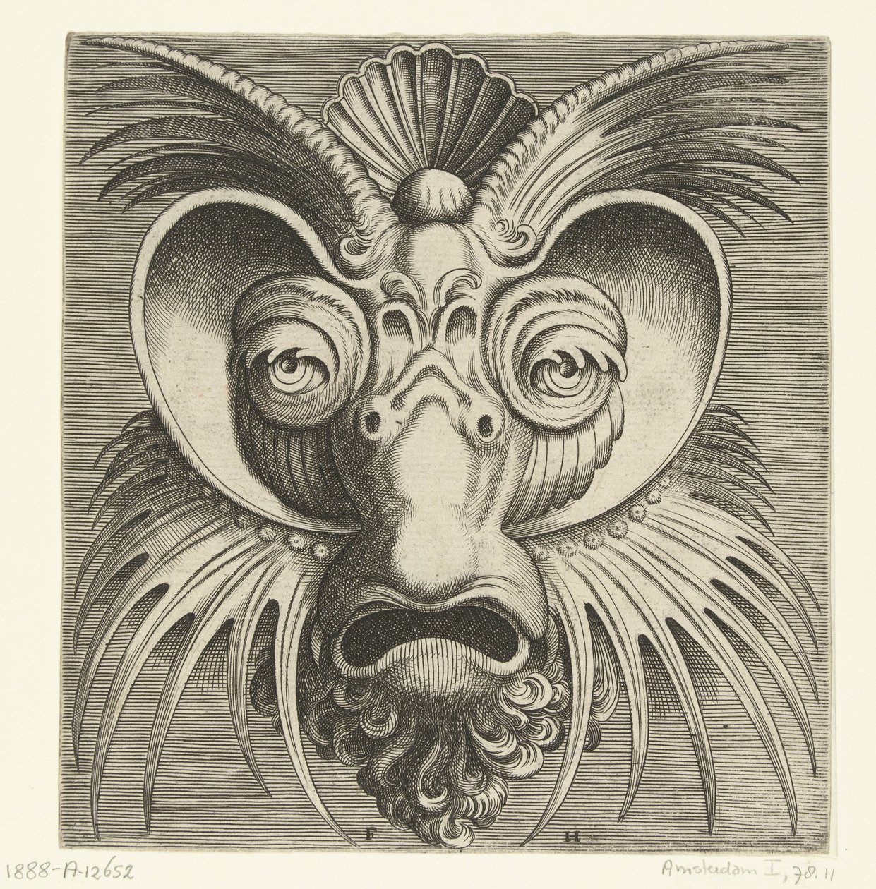 Yanaklarda ve alında sivri uçlu, göz çevresinde daireler bulunan maske Pourtraicture ingenieuse de plusieurs facons de masques… (dizi başlığı) by Frans Huys