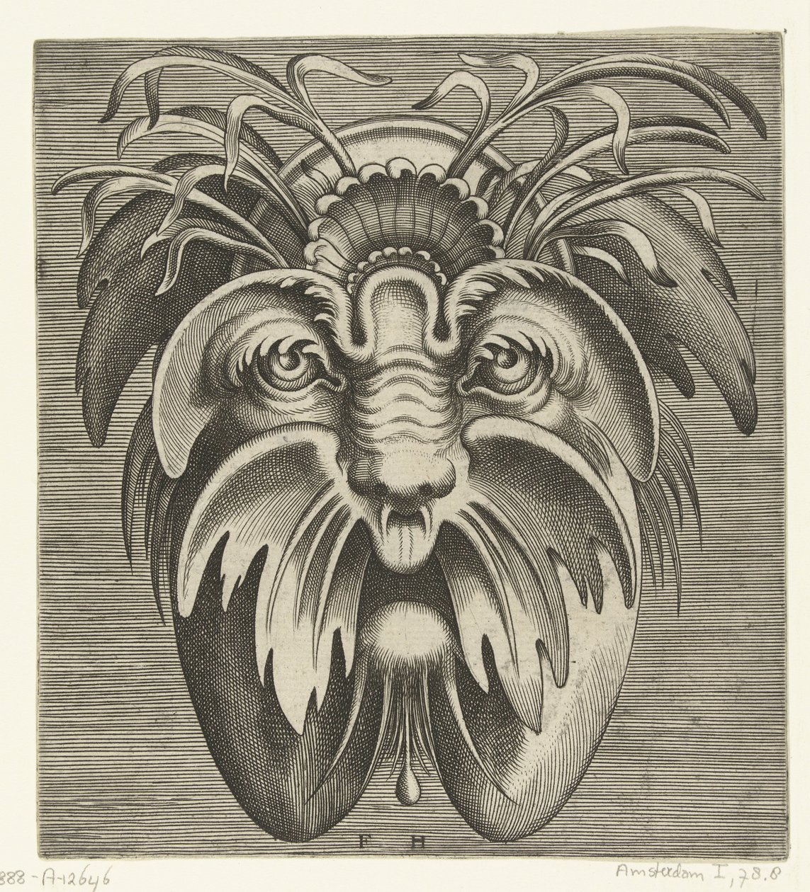 Sarkık yanaklar ve bıyık ile maske, saçlarda otlar var Pourtraicture ingenieuse de plusieurs facons de masques… (dizi başlığı) by Frans Huys