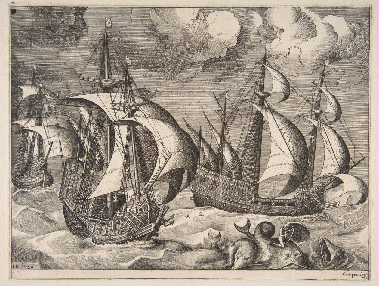 Yelkenli Gemilerden Bir Yunus Üzerinde Arion ile Yükselen Bir Fırtınada Üç Karavel, 1561-65. by Frans Huys